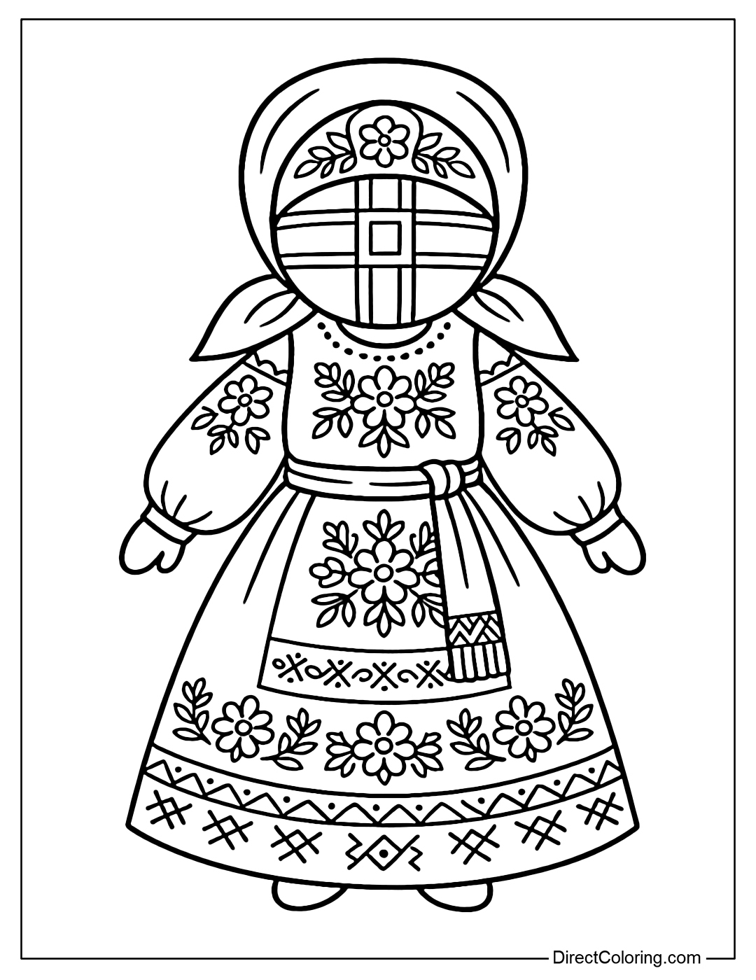 Coloring page of a Motanka doll with traditional embroidery patterns on her dress.